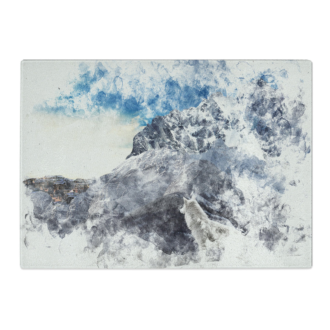 Tempered Glass Wolf with a Mountain Landscape Watercolour Chopping Board