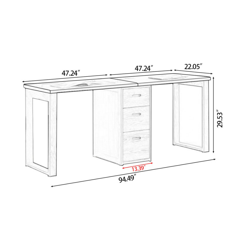 Bureau double caisson en bois massif avec 3 tiroirs Burlywood, H 29,53 po x l 94,49 po x P 22,05 po