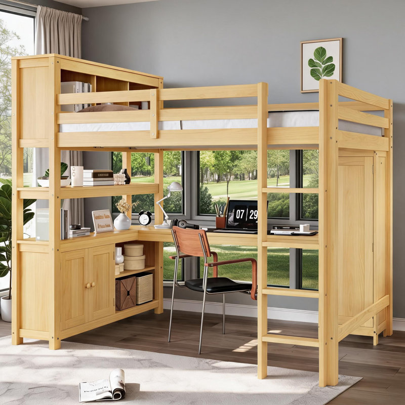 Lit plateforme mezzanine en pin naturel et panneau de fibres à densité moyenne avec rangement intégré, bureau et garde-robe pour chambre d'enfant