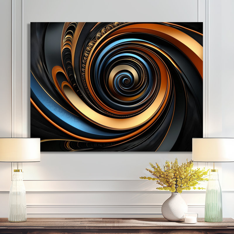 Golden Fractal Celestial Spiral Balance I - Abstract Fractal Wall Art Living Room, Toile tendue, H 16 po x l 32 po