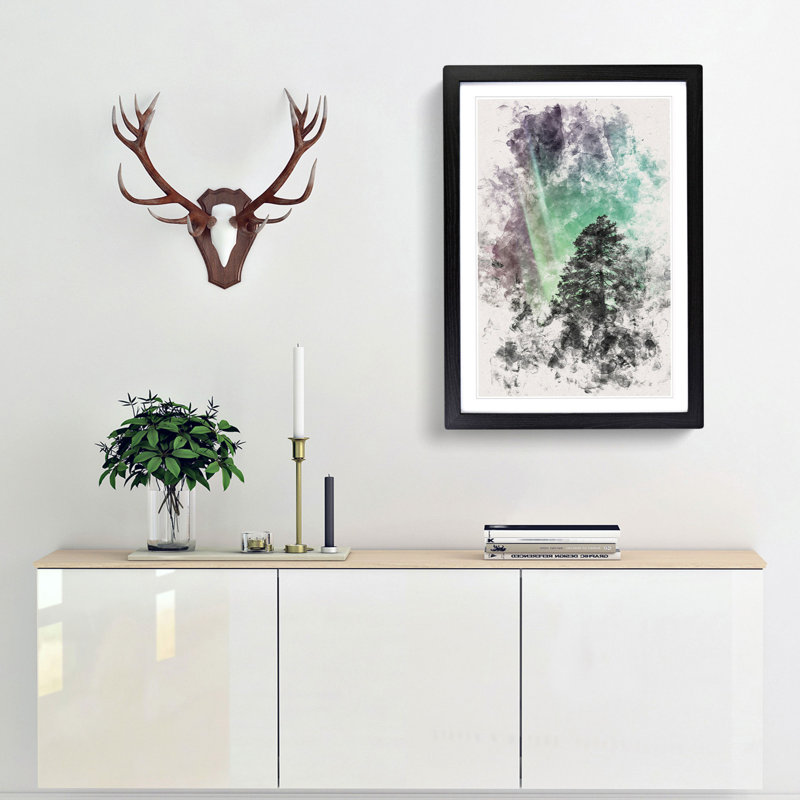 Northern Lights over the Forest - Picture Frame Painting Print, Black Framed, 45cm H x 33cm W x 2cm D