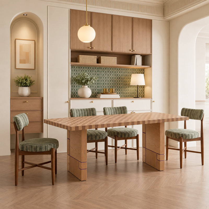 78.7" Modern Geometric Checkered Rectangular Dining Table with Double Pedestal Base