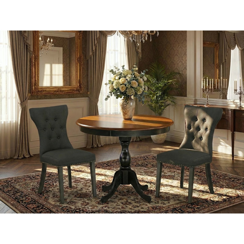Ensemble de salle à manger 3 pièces comprenant une table en bois et 2 chaises de salle à manger en tissu de lin noir avec dossier capitonné - Finition noire