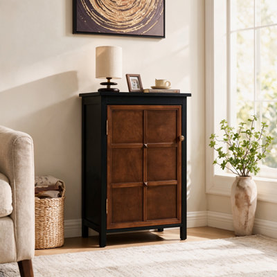 Meuble de rangement moderne du milieu du siècle, haut de 87 cm (34,2 po), noir, sur pied, avec portes et étagères réglables, meuble d'appoint polyvalent pour l'entrée, la salle de bain, la cuisine et le garage.