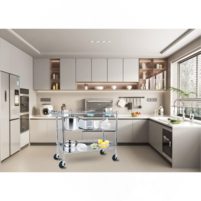 Heavy Duty Rolling Utility Cart,3 Tier Rolling Carts With Wheels,With Handle Bar And Shelf Liners,36"X18"X32"Storage Cart For Kitchen,Restaurant,Plant Display,Chrome