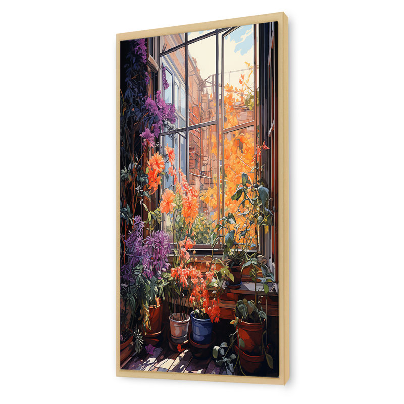 «Sunset Florals Windows View In Italy I», art mural floral, Cadre flottant brun, H 60 po x l 28 po