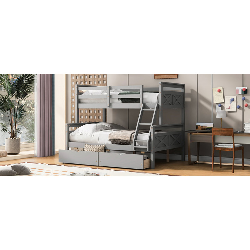 Lit superposé simple au-dessus d'un lit double, finition grise, avec tiroirs de rangement sécurisés gris, pratique, Gris