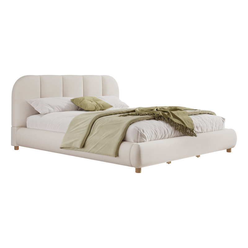 Linden Modern Minimalist Linen Upholstered Bed with Curved Headboard and Solid Wood Legs, King