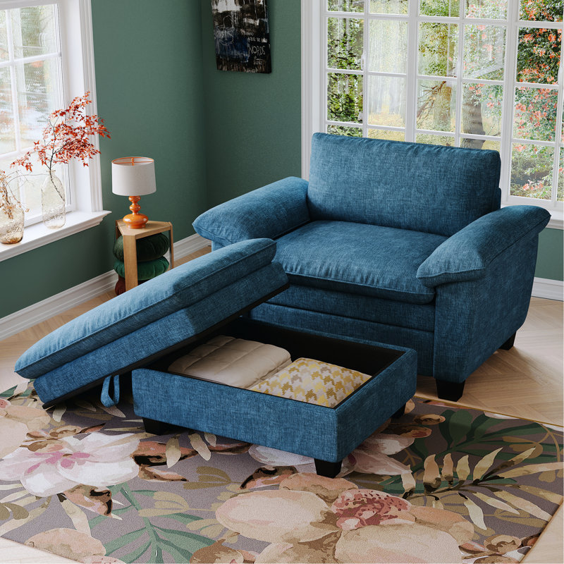 Chaise longue avec et rangement - Coussin en chenille bleu confortable, Blue