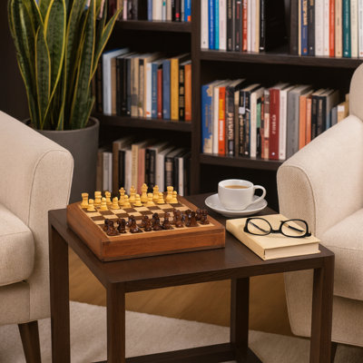 Magnetic Chess Set Classic Game with Wooden Drawer Storage - Tabletop Accent for Coffee Table, Home, and Living Room Game Decor - Decorative Strategy Game Display and Play for All Ages - 10", Brown