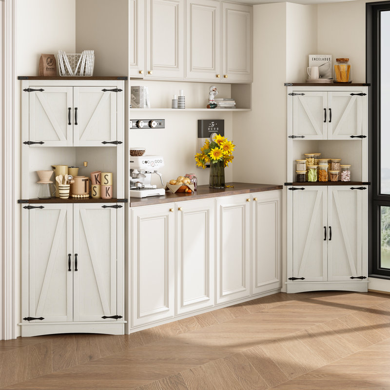 68" Corner Kitchen Pantry With 4 Doors And Adjustable Shelves, White