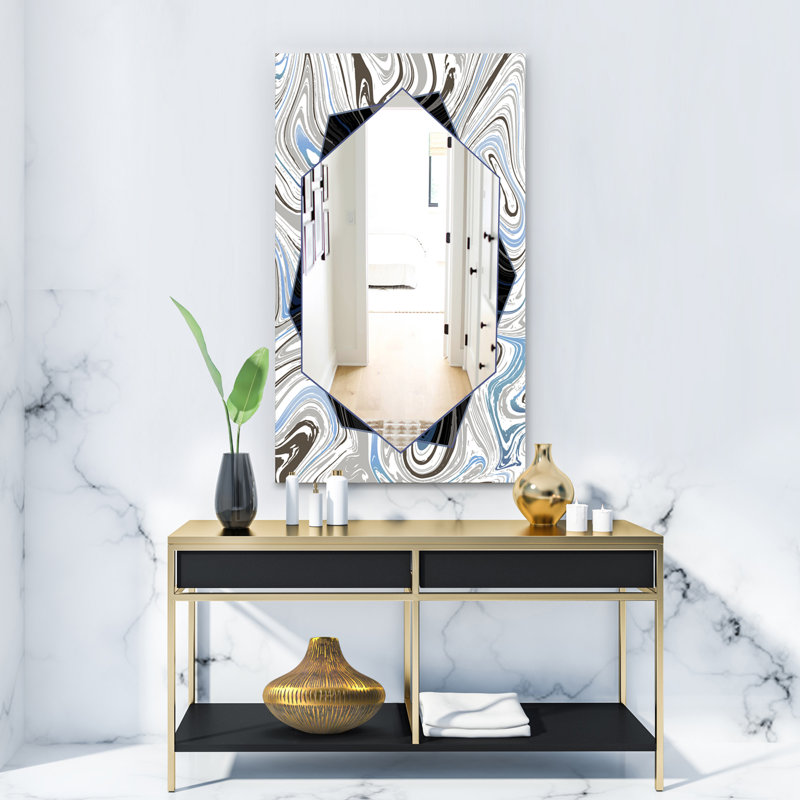 Marbled Diamond Traditional Accent Mirror, 24" H x 32" W, White/Blue/Black