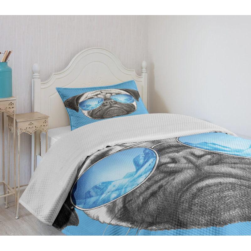 Twin White Quilted Bedspread Set with Pug Design