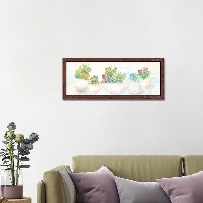 Sweet Succulents Panel by Cynthia Coulter - Panoramic Painting on Canvas, 182.88 cm H x 60.96 cm W, Brown Floater Framed