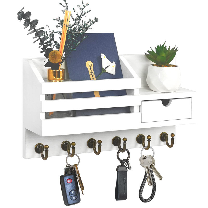 White Wooden Wall-Mounted Key and Mail Organizer with Drawer