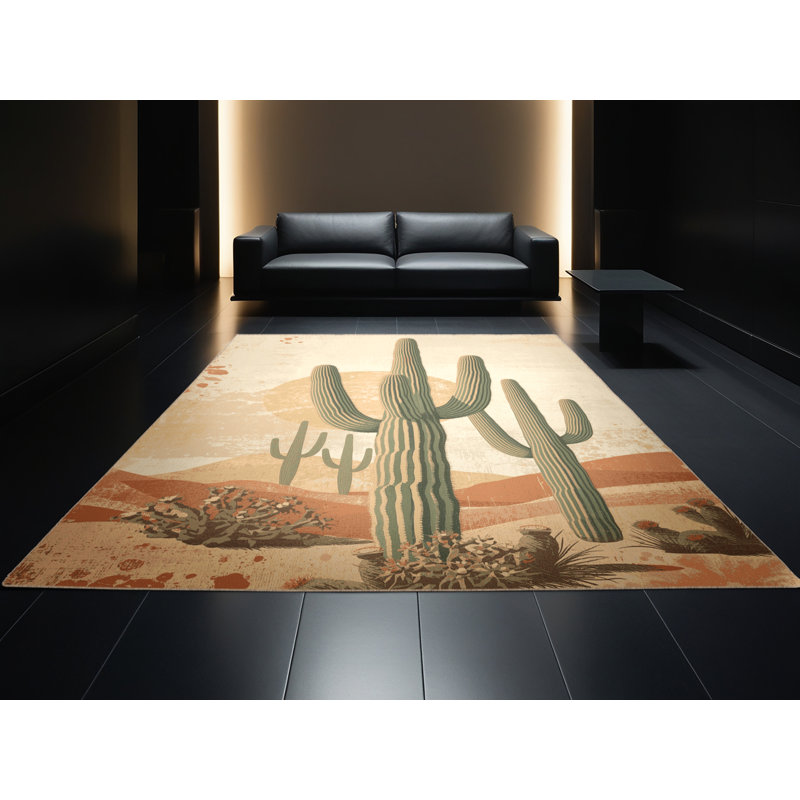 Tapis beige rustique lavable à la machine Orlandra Saguaro, 7 x 9