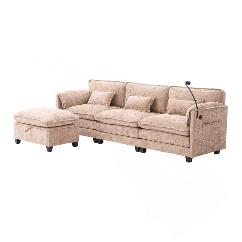 Canapé moderne avec repose-pieds mobile avec rangement, support pour téléphone, port de charge USB, Kaki