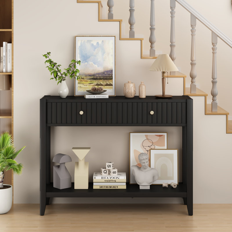 Narrow Wood Console Sofa Table With Drawers And Storage Shelf For Entryway, Hallway, Living Room, Black | Gift Idea