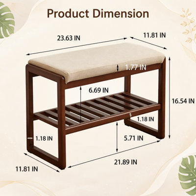 Banc à chaussures en bois massif, étagère de rangement en bois de hêtre avec coussin éponge à rebond élevé
