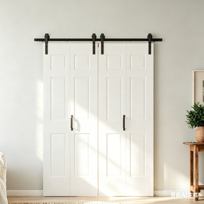 CHIC MODE Doors 48 in. x 84 in. White 6 Panel Hollow Core Double Bifold Barn Door with Hardware