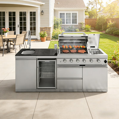 85" W 4-Burner Propane Gas Grill Island with Side Burner, Rotisserie and Outdoor Rated Refrigerator and Sink in Stainless Steel