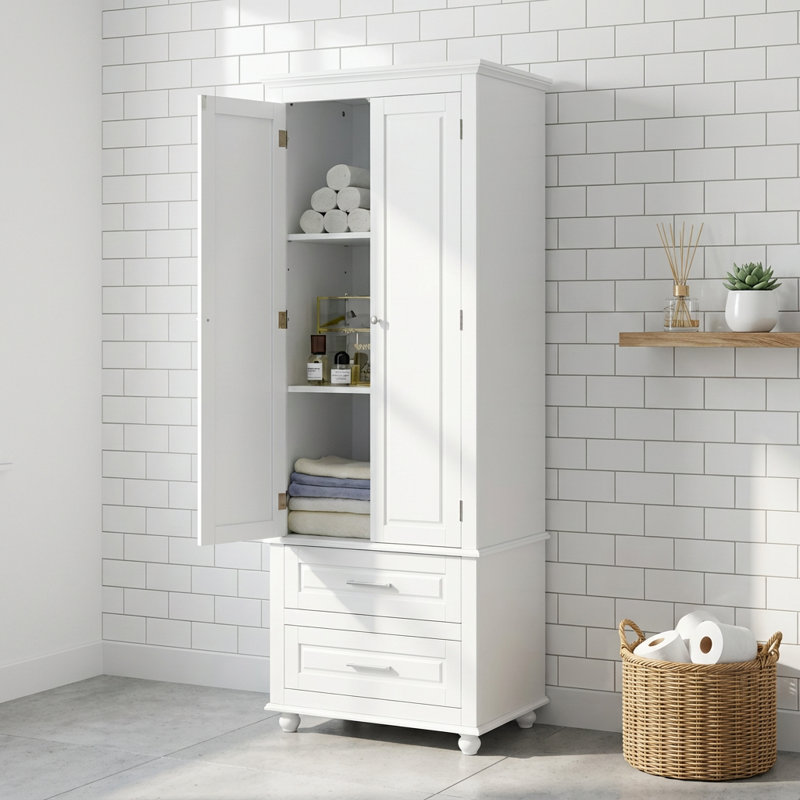 Tall Storage Cabinet with Two Drawers and Adjustable Shelves