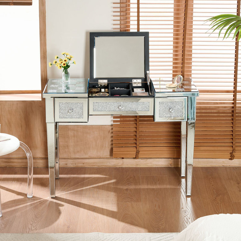 Bureau de coiffeuse en miroir avec incrustation de diamant concassé, coiffeuse argentée avec miroir rabattable, console en verre pour chambre à coucher, vestibule, vestiaire, argent