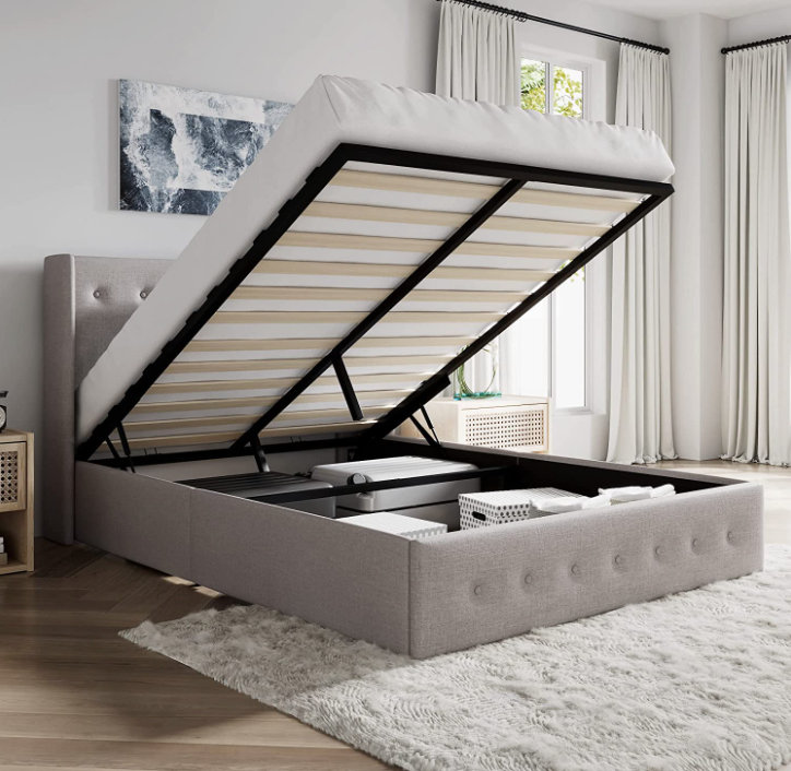 Lit plateforme tapissier avec lit de rangement relevable hydraulique, tête de lit capitonnée à oreilles, cadre de lit moderne, gris, double