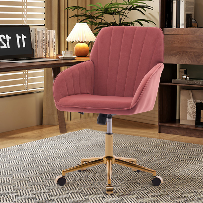 Adjustable Office Chair, Armchair, Swivel Chair With Metal Base, Rose Red, Gold