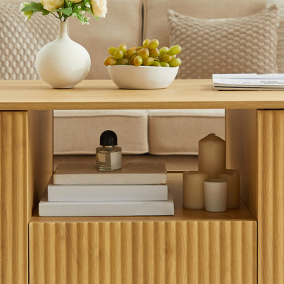 Table basse ovale de luxe moderne de 46,5 po avec tiroirs et compartiments de rangement, conception incurvée, table basse centrale de salon, convient aux salons et aux bureaux, naturel, L 46,5 po x l 27,2 po x H 17,7 po