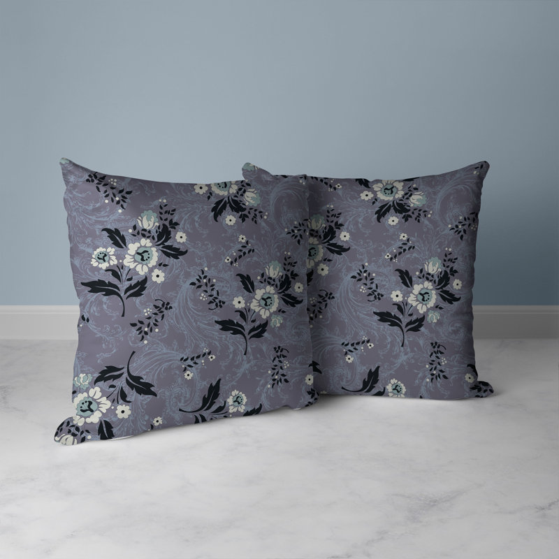 Gray and Black Floral Faux Suede Square Throw Pillow