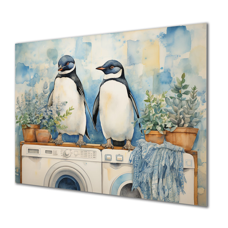 «White and Blue Penguins Laundry Room I» - Art mural en métal blanchisserie MT135147, H 16 po x l 32 po x P 1 po