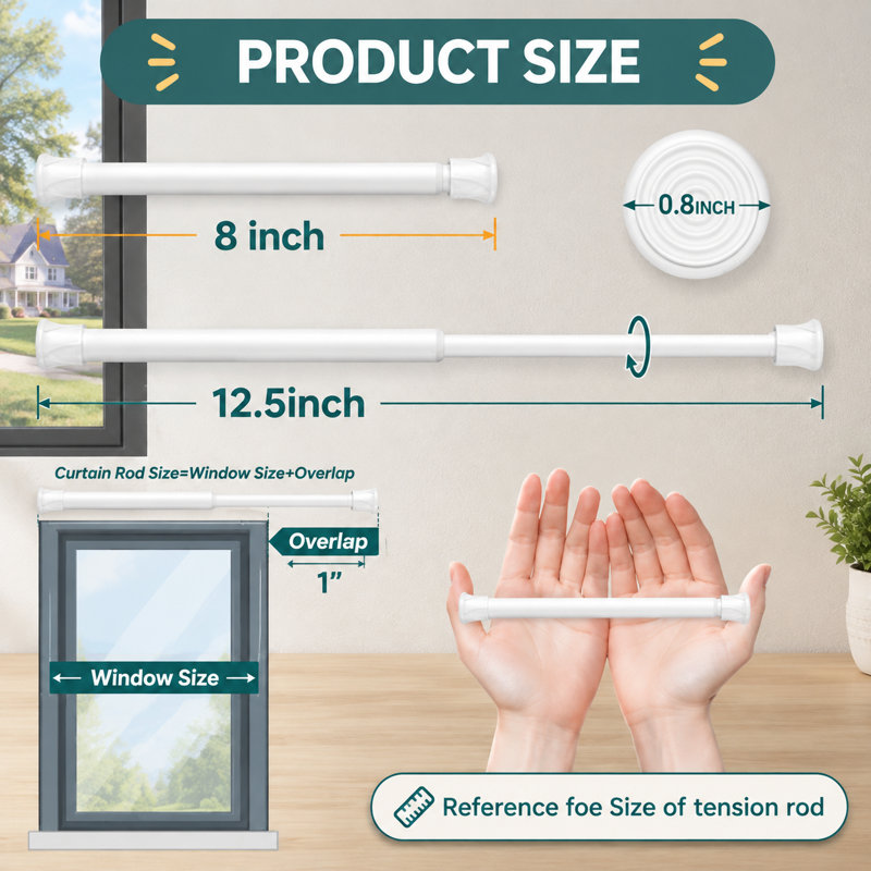 Ensemble de 2 petites tringles à rideaux blanches à ressort, de 20 à 32 cm (8 à 12,5 pouces), tringles fines à monter soi-même sans perçage pour fenêtres étroites, placards, penderies et impostes.