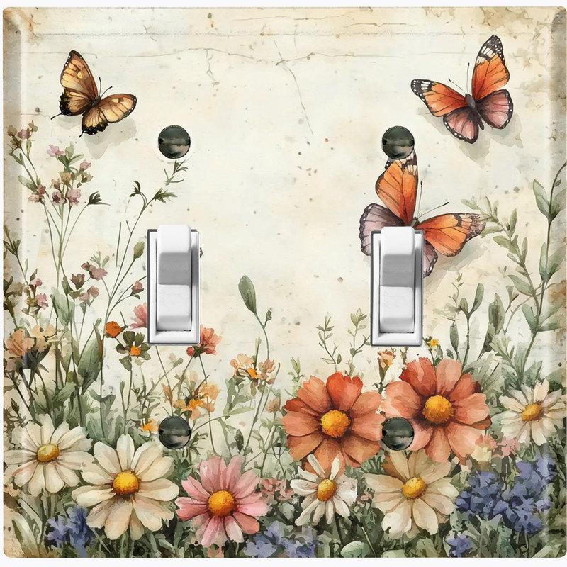 Couvercle de plaque d'interrupteur en métal; Bascule standard à 2 bandes US - fleurs et papillons rustiques, #2 Double Toggle