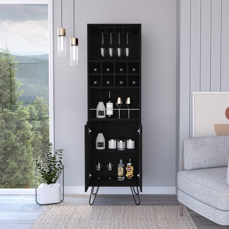 Zamna H Bar Double Door Cabinet, Eight Built-in Wine Rack, Four Legs, Twelve Shelves, Living Room