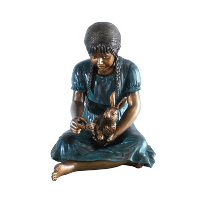 Sculpture fille bronze tressée en bronze à patine bleue 24 po x 20 po x H 24 po