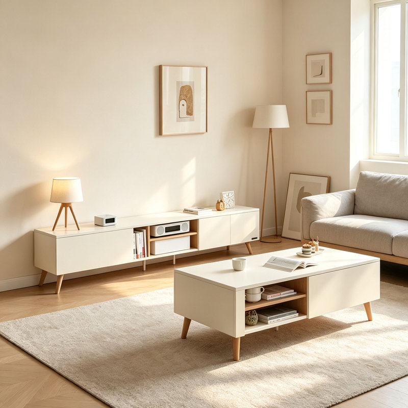 Ensemble de table basse simple et moderne avec rangement pour meuble télé, Crème, Crème