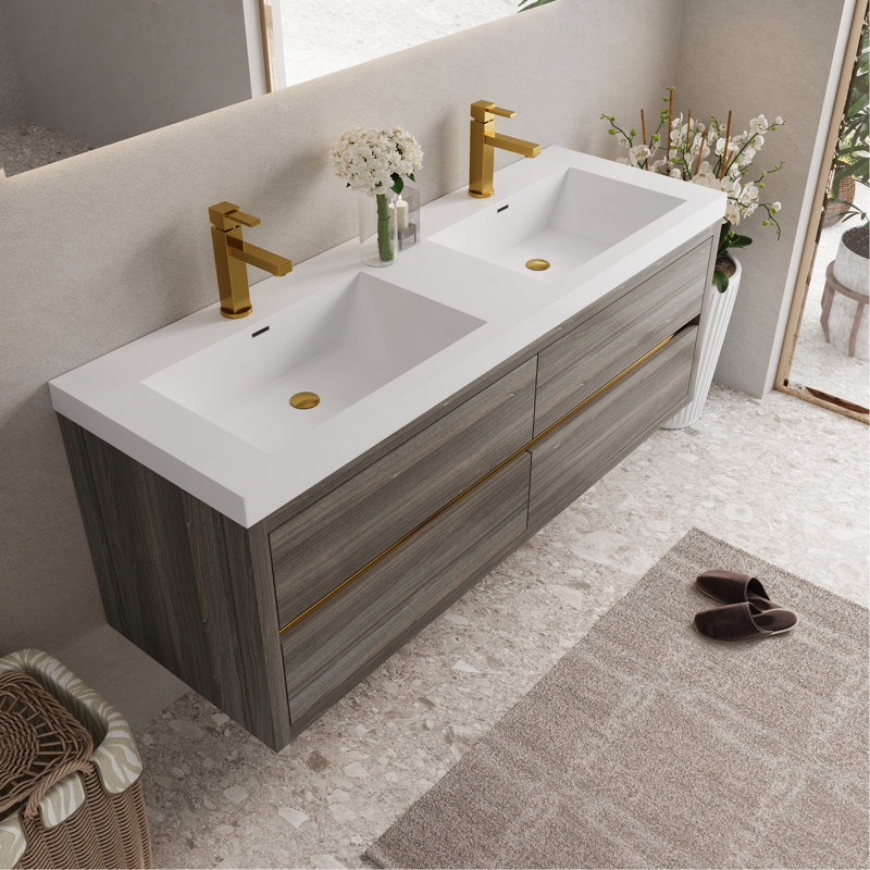 Meuble-lavabo flottant de 60 po avec deux lavabos, finition gris cendré, surface en résine de pierre, mouvement de tiroir à fermeture silencieuse, pré-assemblé pour une installation rapide, grand espace de rangement disponible