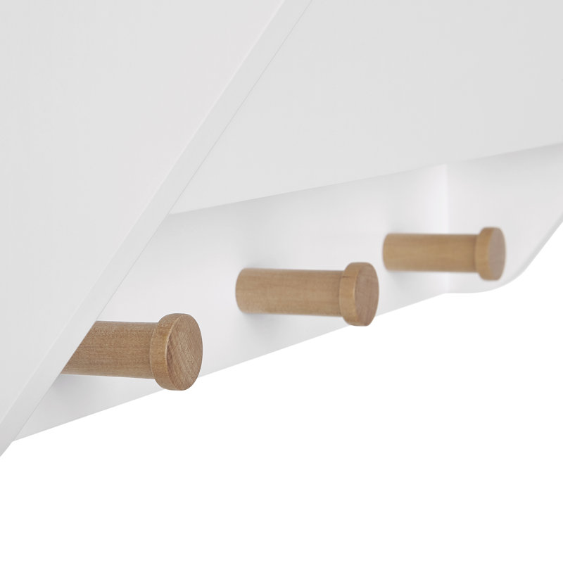 White MDF Floating Wall Shelf with Wooden Hooks