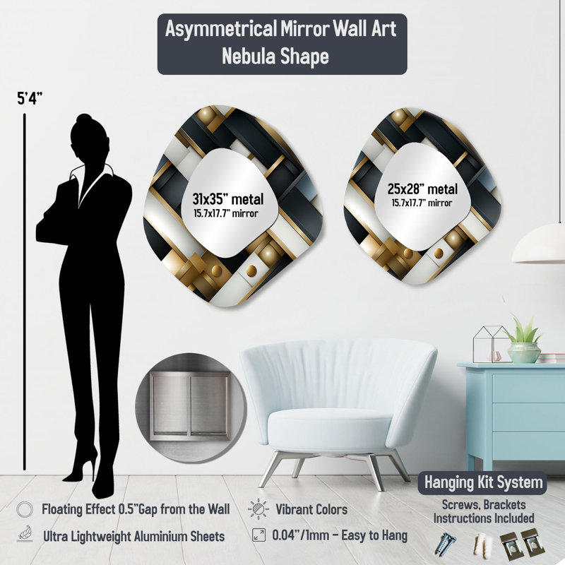 Rustic Hexagons Boho Motif I - Grand miroir mural géométrique asymétrique moderne, 35 po x 31 po