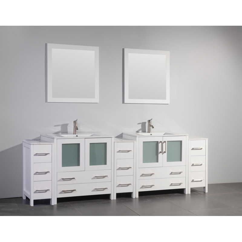 Karson 96'' Double Bathroom Vanity with Ceramic Top with Mirror, White