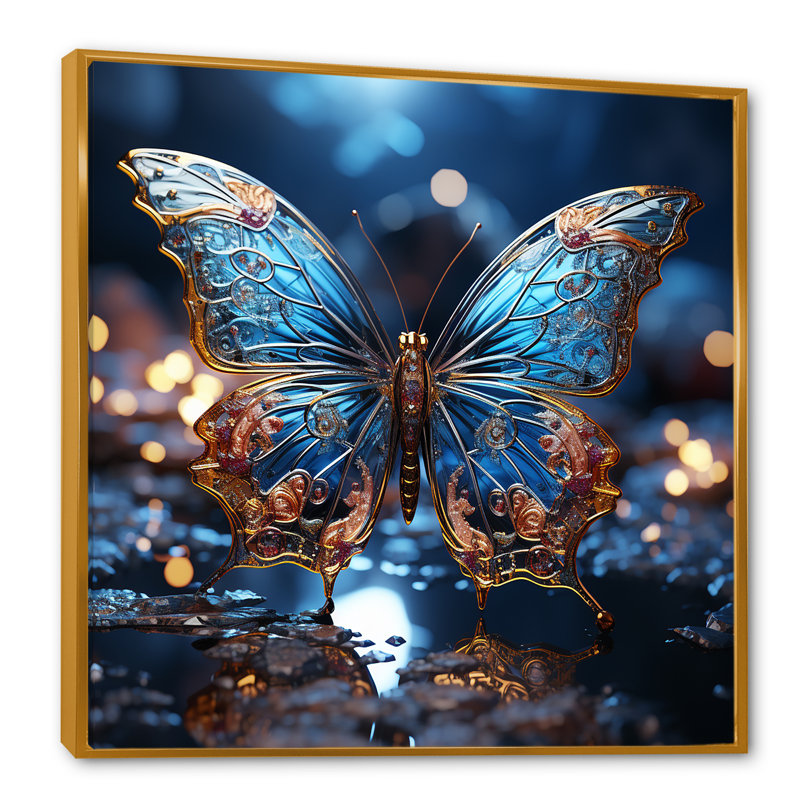 «Butterfly Watery Blues» sur toile, Cadre flottant doré, H 16 po x l 16 po x P 1 po