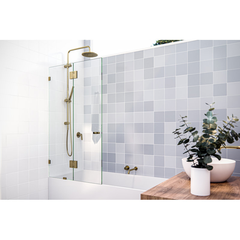 34" W. x 58.25" H in. Frameless Glass Hinged Bathtub Door, Polished Brass