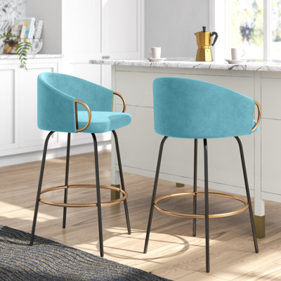 Josie 26" Fixed-Height Velvet Counter Stools with Black Metal Legs & Gold Footrest