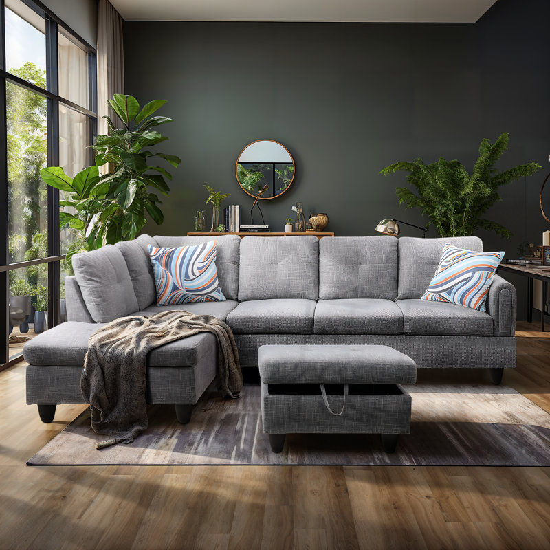 Furniture Modern Sectional Sofa L-Shape Convertible Couch Sofa with Ottoman Chaise Lounge, Black Gray 100% Linen
