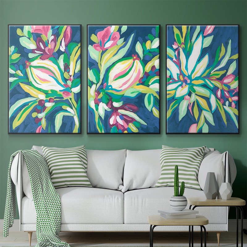 Blue Tropics I, ensemble de 3 toiles encadrées sur toile, Noir, H 40 po x l 78 po