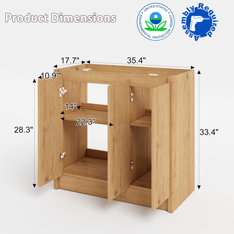 36" Wood Bathroom Vanity Cabinet Base Only, Without Sink and Mirror, Light Oak