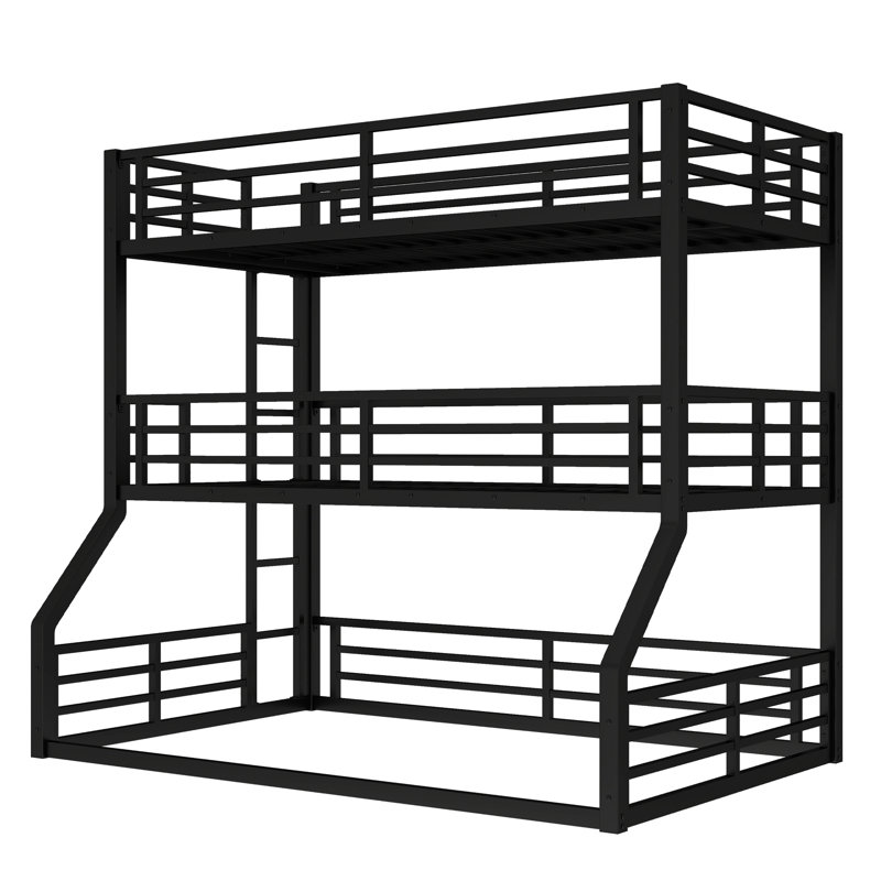 Bunk Bed, Heavy-Duty Metal Triple Bunk Bed with Guardrails and Noise-Reducing Design, Space-Saving, Black