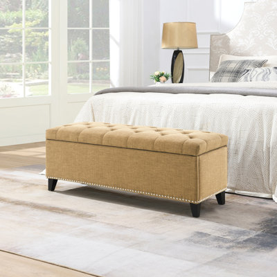 Repose-pieds de rangement de 47,5 po, banc de rangement avec charnière de sécurité, repose-pieds capitonné en lin pour le salon, le vestibule, le couloir, le repose-pieds et le support 500 lb