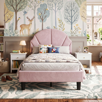 UK & EU Kids Velvet Bed Frame, Scalloped Shell Upholstery Bed with Height-Adjustable Headboard, Beige/Pink